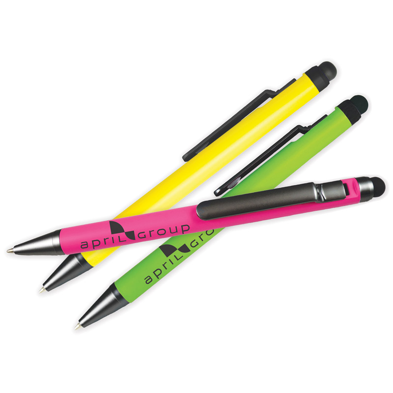 Neon Clip Action Plunger Pen W/ Stylus