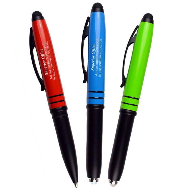 Metal Matte Colored Three-In-One Stylus, Flashlight and Ballpoint Pen