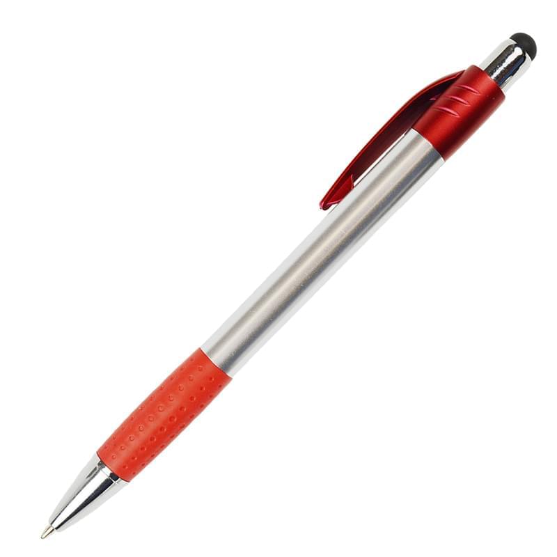 Silver Matte Barrel Pen w/ Stylus, Colored Rubber Grips & Accents