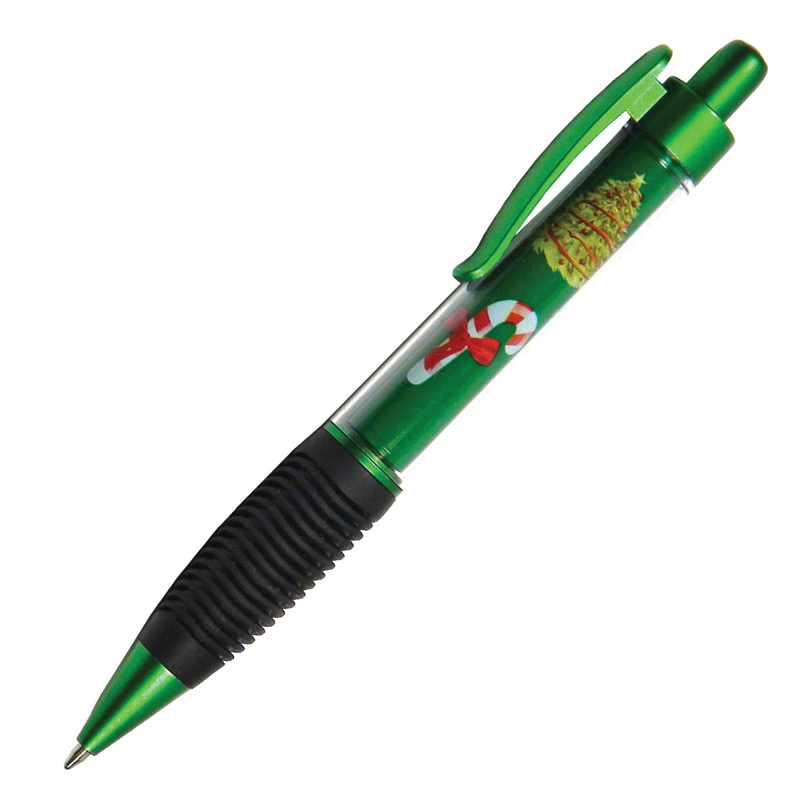 Clear Barrel Holiday Clicker Pen w/ Rubber Grip