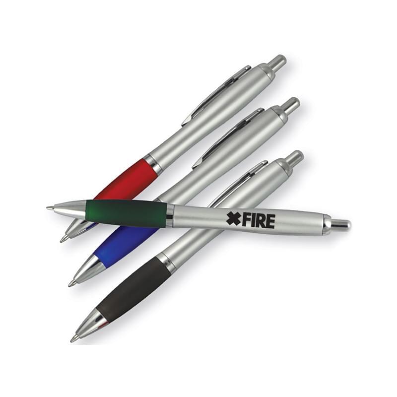 Silver Barrel Ballpoint Pen w/Colored Rubber Grip