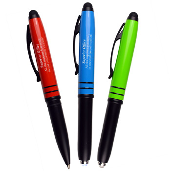 Metal Matte Colored Three-In-One Stylus, Flashlight and Ballpoint Pen
