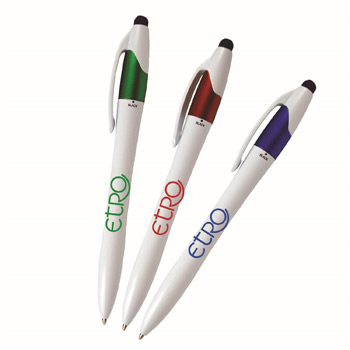 White Barrel European Design Ballpoint Pen w/ 3 Writing Ink Colors & Stylus